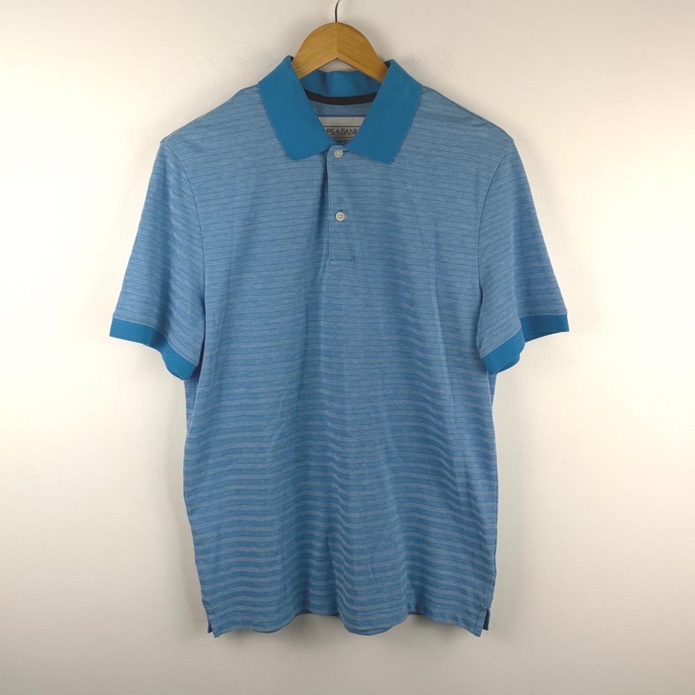 Jos A Bank Traveler Travel Tech Polo Mens Medium Blue Tailored Fit‎ Micro Stripe